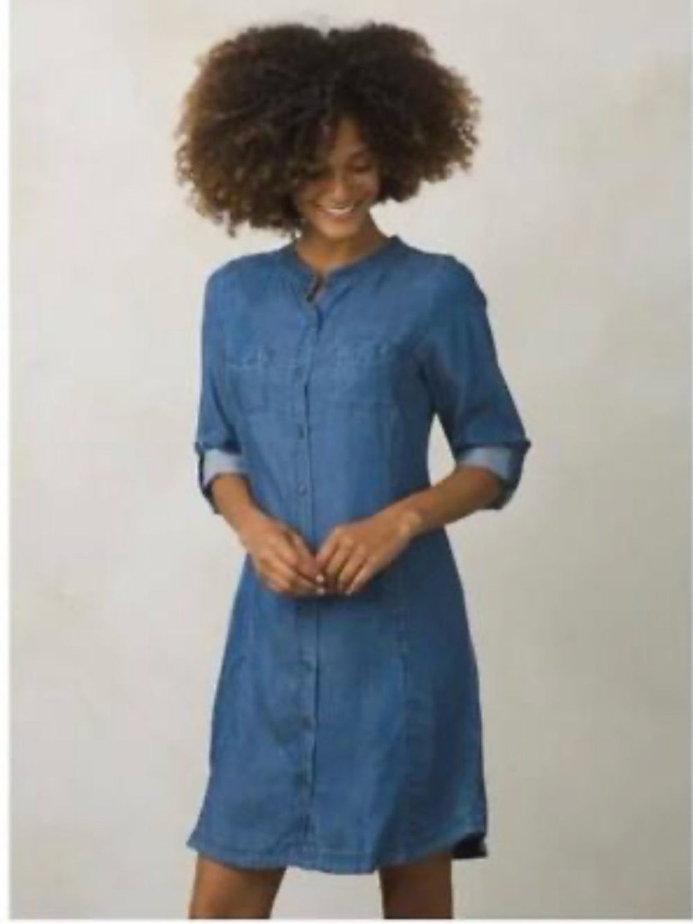Prana Alaki 100% Tencel Denim Look Long Roll Tab Sleeve Shirt Dress - Blue
